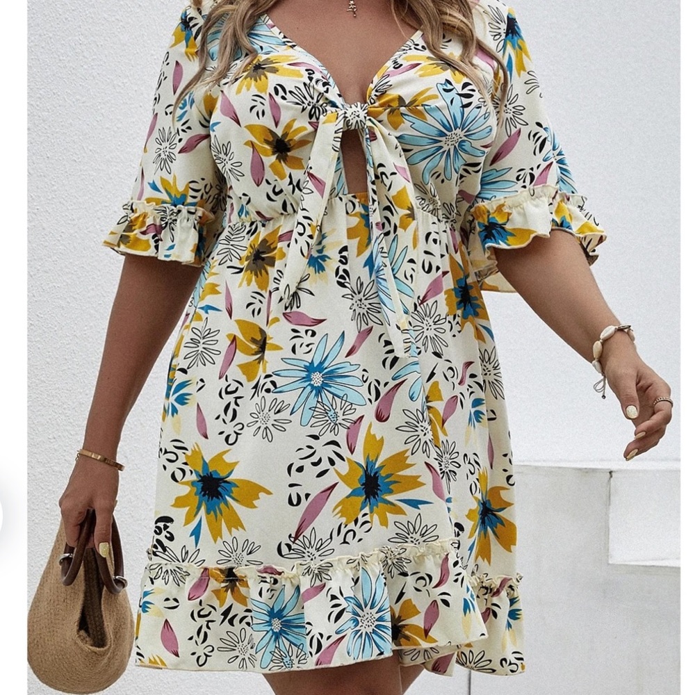 NEW SHEIN Plus Floral Tie Front Flounce Sleeve Ruffle Hem Dress Size 1XL Boho